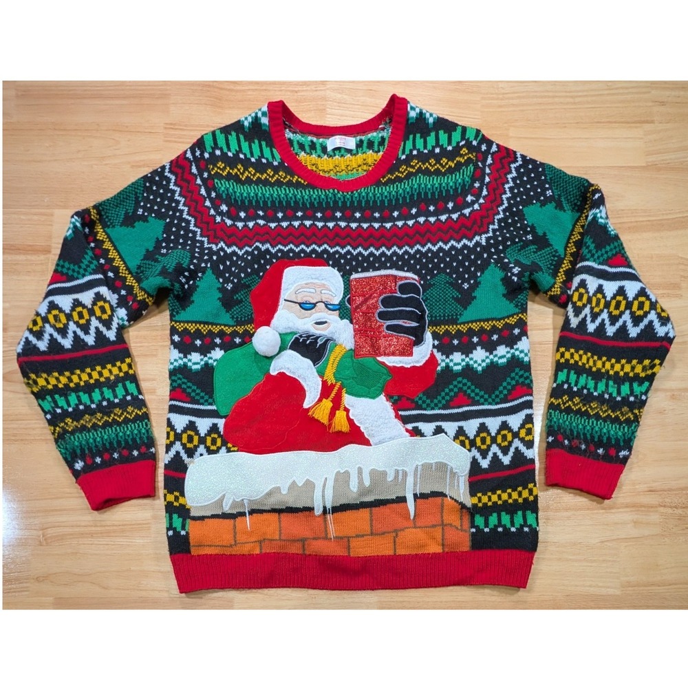 Holiday Time Mens Santa Chimney Ugly Christmas Sweater Cup Pocket Large 42-44